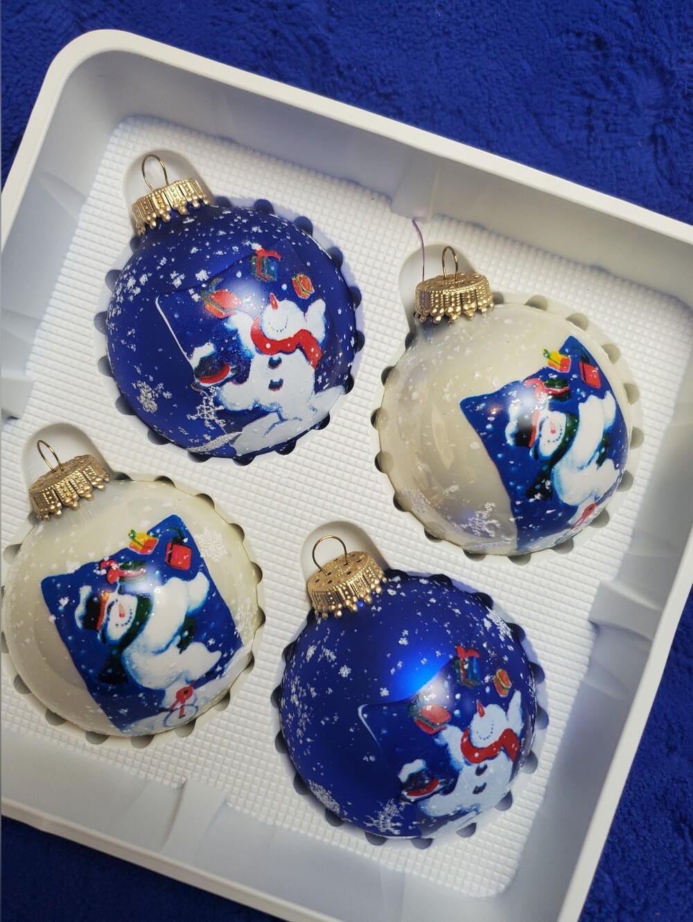 Vintage 4 Piece Blue & White Glass Snowman Decorated Ornaments American Classic